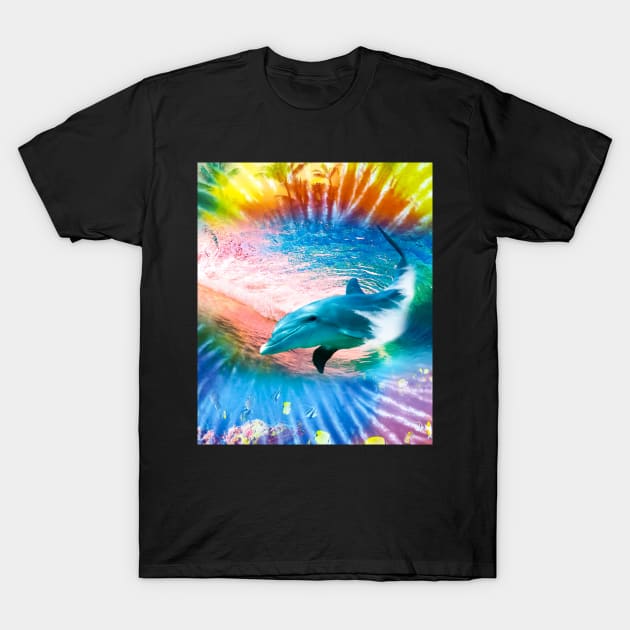 Dolphin Swimming Riding Surfing Wave Tie Tye Dye T-Shirt by Random Galaxy